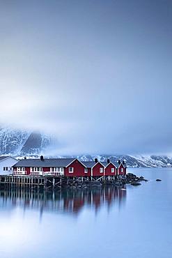 Rorbuer cabins from Hamnoy by the fjord, Hamnoy, Moskenesoya, Lofoten, Norway, Europe