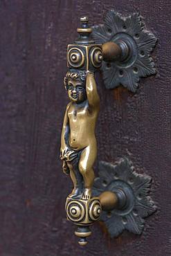 Figure as door handle on a gate, Venice, Veneto, Italy, Europe