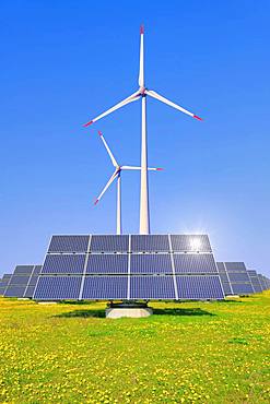 Digital Composing, solar park, photovoltaic outdoor installation, solar modules, solar power plant, wind power, wind turbines, Bavaria, Germany, Europe