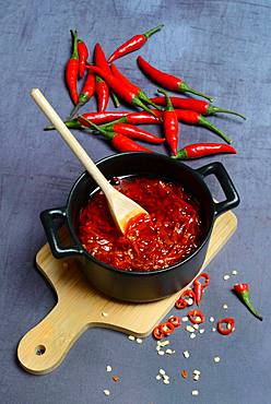 Crushed chillies pickled in oil in pot with wooden spoon, Germany, Europe