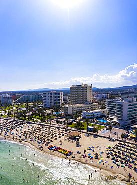 Aerial view, bathing bay of Cala Millor and Cala Bona, region Llevant, Majorca, Ballearen, Spain, Europe