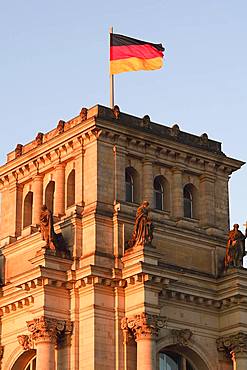 German flag on the Reichstag, morning light, Berlin-Mitte, Berlin, Germany, Europe