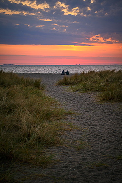 Couple sitting on the beach, Beach landscape with dune grass, Sunrise over the sea, Amager Strand, Copenhagen, Denmark, Europe