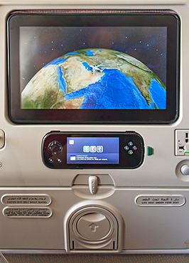 Screen showing the flight position Dubai at seat in aircraft, Emirates airline, interior view, Dubai, United Arab Emirates, Asia