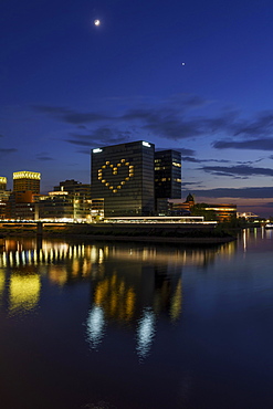 Hotel Hyatt Regency, illuminated with heart, closed during the Corona Pandemic, dusk, Media Harbour, Duesseldorf, North Rhine-Westphalia, Germany, Europe