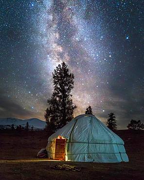 Kazakh yurt under milky way. Bayan-Ulgii province. Mongolia