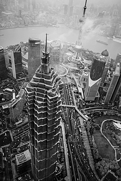 Drone shot, Jin Mao Tower in black and white, Shanghai, China, Asia