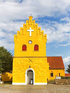 Yellow church in Allinge, white cross in stepped gable, Allinge-Sandvig, Bornholm, Denmark, Europe