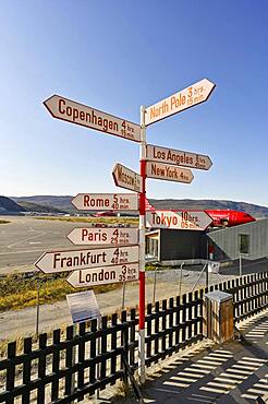 International names of capitals on signposts next to the runway, airport, Kangerlussuaq, Greenland, North America