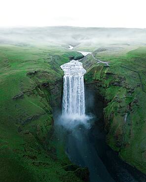 Aerial view, Skogafoss waterfall, Skogar, Sudurland, Southern Iceland, Iceland, Europe