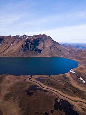 Aerial view, volcanic mountains with a lake, Fjallabak Nature Reserve, Southern Iceland, Iceland, Europe