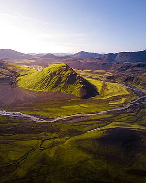 Aerial view, volcanic mountains, Fjallabak Nature Reserve, Southern Iceland, Iceland, Europe