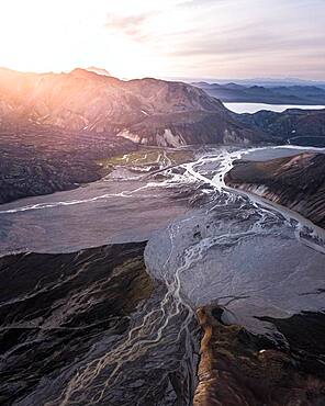 Aerial view, volcanic barren mountain landscape with river course, Landmannalaugar, Southern Iceland, Iceland, Europe