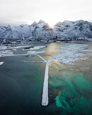 Aerial view, coastal landscape in winter, Gimsoy, Lofoten, Norway, Norway, Europe