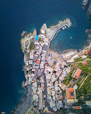 Aerial view, townscape from above with harbour, Vernazza, Cinque Terre, Liguria, Italy, Europe