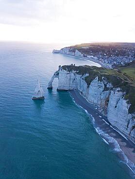 Aerial view, Aiguille d'Etretat, cliffs, chalk cliffs of Etretat in the morning light, Departement Seine-Maritime, Normandy, France, Europe