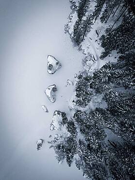 Aerial view, frozen snow-covered Hintersee, Ramsau, Berchtesgadener Land, Berchtesgaden National Park, Upper Bavaria, Germany,, Europe