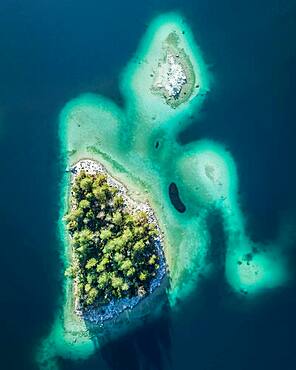 Aerial view, small forested island in the Eibsee lake, Upper Bavaria, Bavaria, Germany, Europe