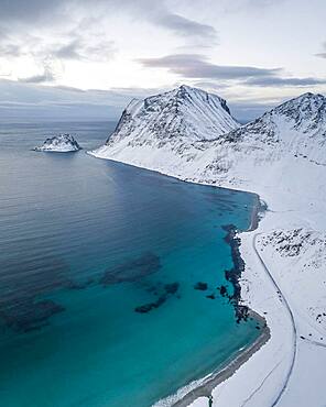 Aerial view, Haukland Beach in winter, Norway, Europe