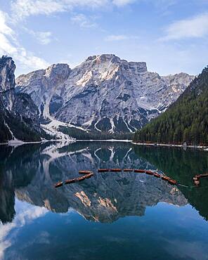 Aerial view, Lake Prags Lake with boats, Lake Prags, South Tyrol, Italy, Europe