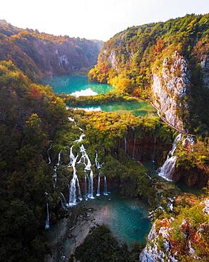 Aerial view, waterfall with Plitvice Lakes in autumn, National Park Plitvice Lakes, Dalmatia, Croatia, Europe