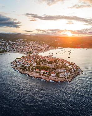Aerial view, Primosten at sunrise, Croatia, Europe
