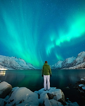 Northern lights over a Norwegian fjord with man in green jacket, Tromso, Norway, Europe