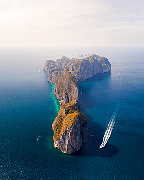 Aerial view, Koh Phi Phi Leh from the front to sunrise, Tropical Island, Koh Phi Phi, Krabi Province, Thailand, Asia