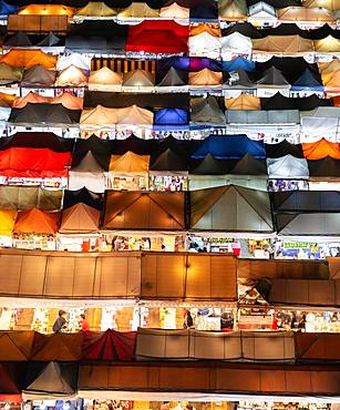 Colourful tent roofs from a night market in Bangkok, Ratchada Train Market, Thailand, Asia