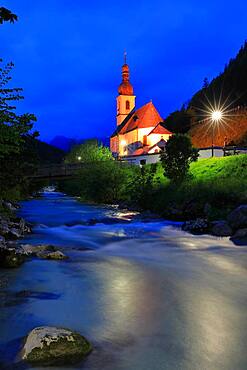 Church St. Sebastian with Ramsauer Ache, Blue hour, Ramsau, Berchtesgadner Land, Bavaria, Germany, Europe