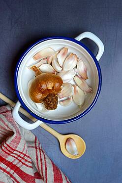 Garlic, smoked, in bowl with cooking spoon, France, Europe