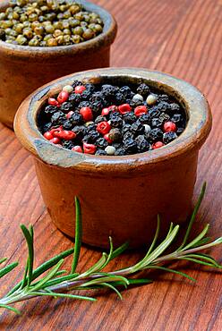 Black and white peppercorns in shell, pink berries, Germany, Europe