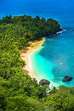 Overlook over banana beach, Unesco biosphere reserve, Principe, Sao Tome and Principe, Atlantic Ocean, Africa