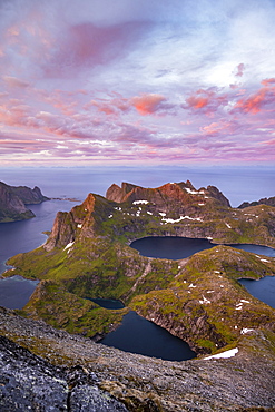 Evening atmosphere, mountain landscape with Reinefjord and lake, view from the top of Hermannsdalstinden, Moskenesoey, Lofoten, Nordland, Norway, Europe