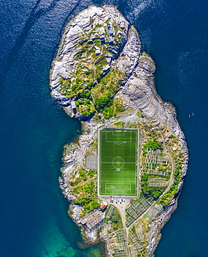 Aerial view, Henningsvaer with football stadium, rock island in the sea, Vestvagoy, Lofoten, Nordland, Norway, Europe