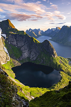 Evening atmosphere, view from Reinebringen, Reinebriggen, Reinefjord with mountains, Moskenes, Moskenesoey, Lofoten, Norway, Europe