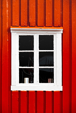 Red house wall with white window, rorbuer, typical wooden houses, Lofoten, Norway, Norway, Europe