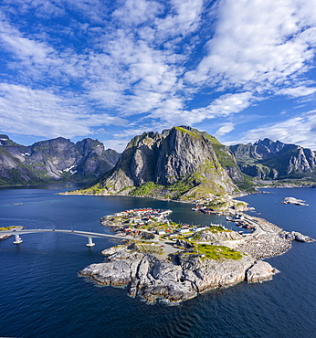 Aerial view, Hamnoy, Reinefjord with mountains, Moskenes, Moskenesoey, Lofoten, Norway, Europe