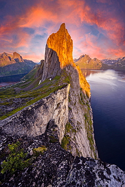 Dramatic clouds, evening mood, steep mountain Segla, fjord Mefjords with mountains, island Senja, Troms, Norway, Europe