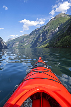 Kayak on the Geirangerfjord, near Geiranger, Norway, Europe