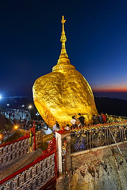 Kyaiktiyo Pagoda, golden rock after sunset, Mon state, Myanmar, Asia