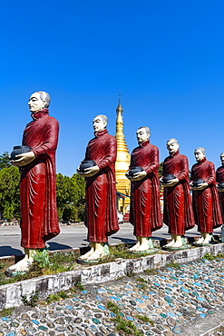 Monk statues lining up, Aung Zay Yan Aung Pagoda, Myitkyina, Kachin state, Myanmar, Asia