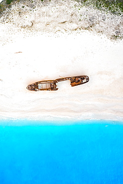 Beach shipwreck Navagio Beach drone shot bird's eye view, Zakynthos, Greece, Europe