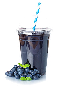 Blueberries Berries Smoothie Fruit Juice Drink Juice Blueberries in plastic cup isolated against a white background