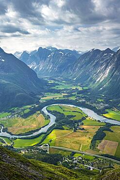 View from the hike Romsdalseggen, mountain ridge, Rauma river, Romsdalfjellene mountains, Andalsnes, More og Romsdal, Norway, Europe