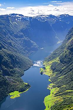 View from the top of Breiskrednosi, mountains and fjord, Naeroyfjord, Aurland, Norway, Europe