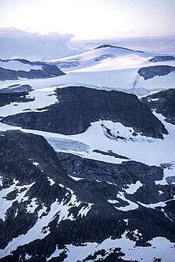 Evening atmosphere, glaciers and mountains in Jostedalsbreen National Park, view from the top of Skala mountain, Breheimen mountain range, Stryn, Vestland, Norway, Europe