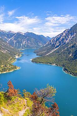 View of Lake Plansee, Schoenjoechl at the back, Ammergau Alps, Reutte district, Tyrol, Austria, Europe