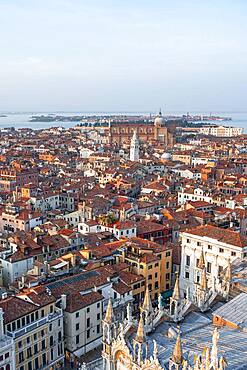 View from the bell tower Campanile di San Marco on numerous churches and houses of Venice, city view of Venice, Veneto, Italy, Europe