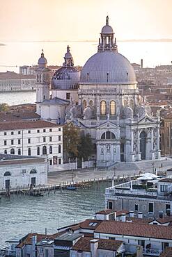 Evening atmosphere, Basilica di Santa Maria della Salute, view from the bell tower Campanile di San Marco, city view of Venice, Veneto, Italy, Europe